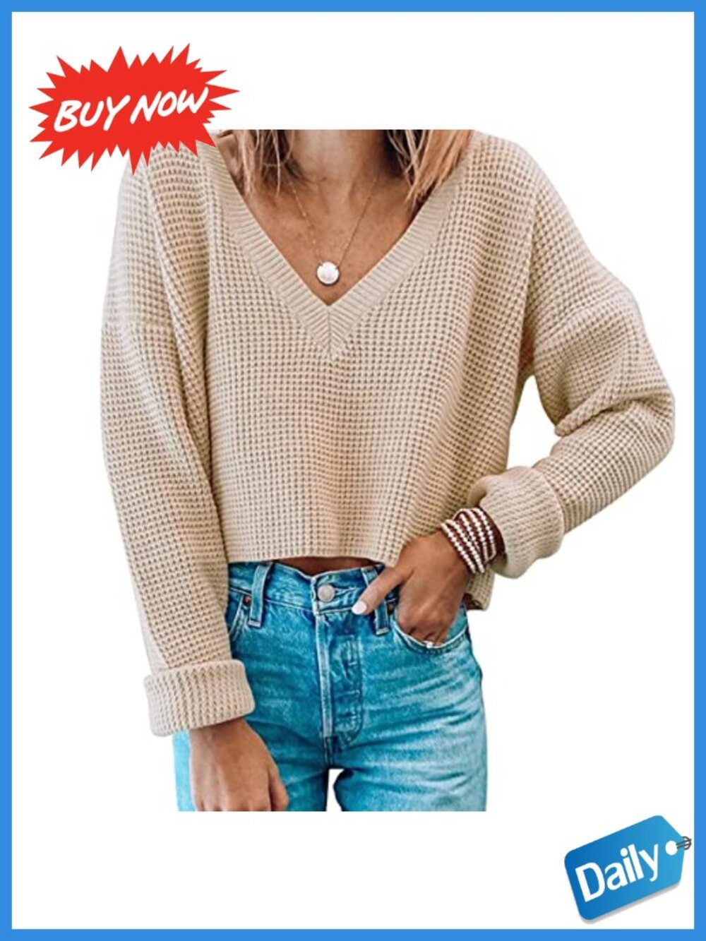 Waffle Knit Crop Sweater V Neck Long Sleeve Pullover Top